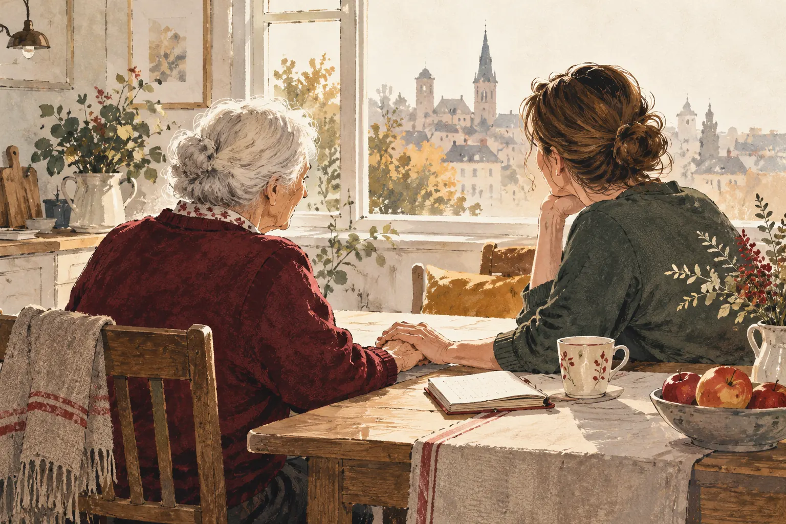 Symbolische Illustration: Zwei Generationen halten am Küchentisch einander die Hand.