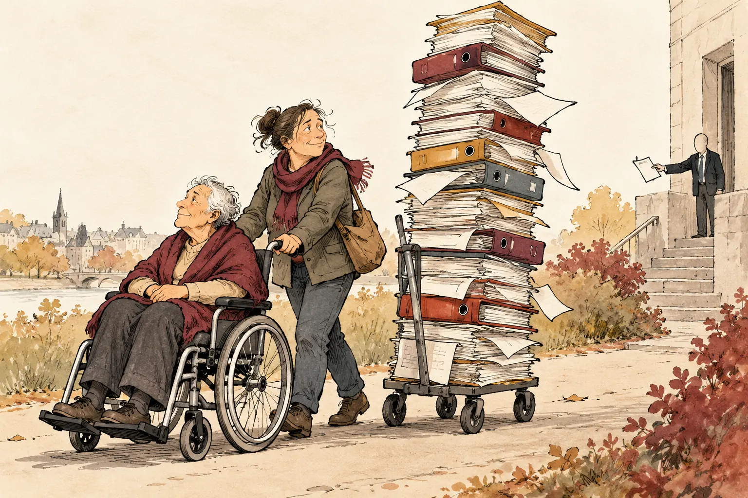 Satirische Illustration: Eine Angehörige begleitet eine ältere Frau im Rollstuhl; neben ihnen fährt ein riesiger Stapel Formulare auf einem Wagen.
