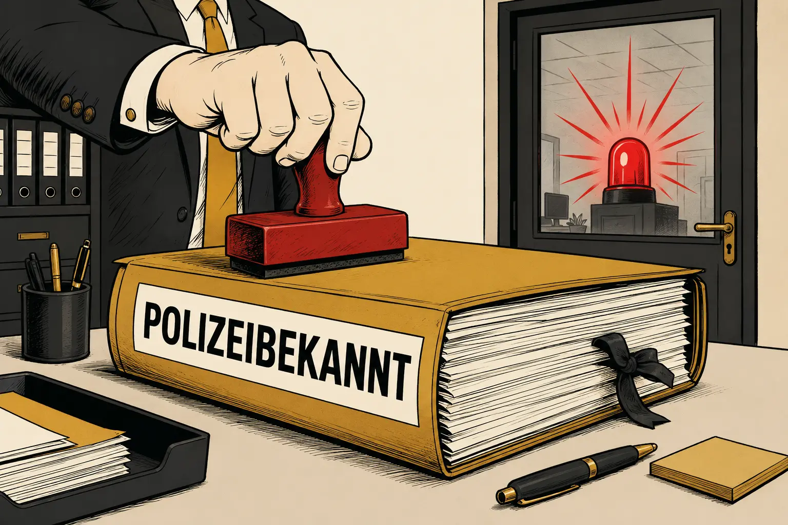 Karikatur: Eine Behörde stempelt eine dicke Akte mit der Aufschrift Polizeibekannt, während im Hintergrund eine Warnleuchte blinkt